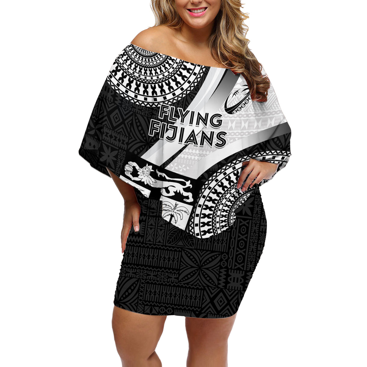 Fiji Rugby Off Shoulder Short Dress World Cup 2023 Go Champions Fijian Tapa Black Version - Wonder Print Shop