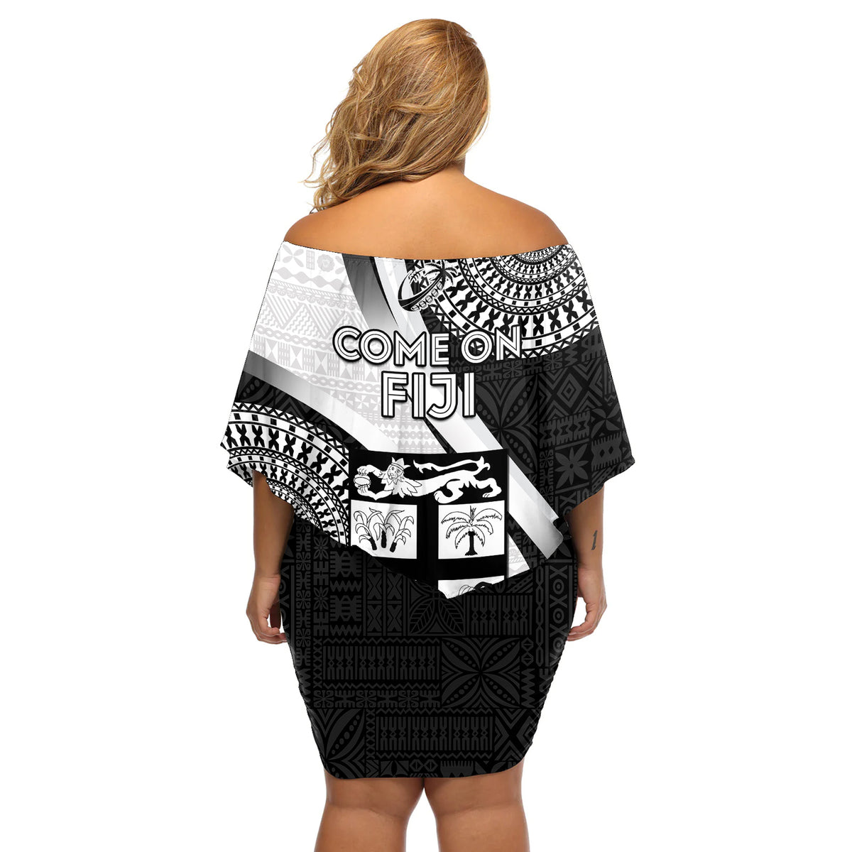 Fiji Rugby Off Shoulder Short Dress World Cup 2023 Go Champions Fijian Tapa Black Version - Wonder Print Shop