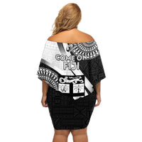 Fiji Rugby Off Shoulder Short Dress World Cup 2023 Go Champions Fijian Tapa Black Version - Wonder Print Shop