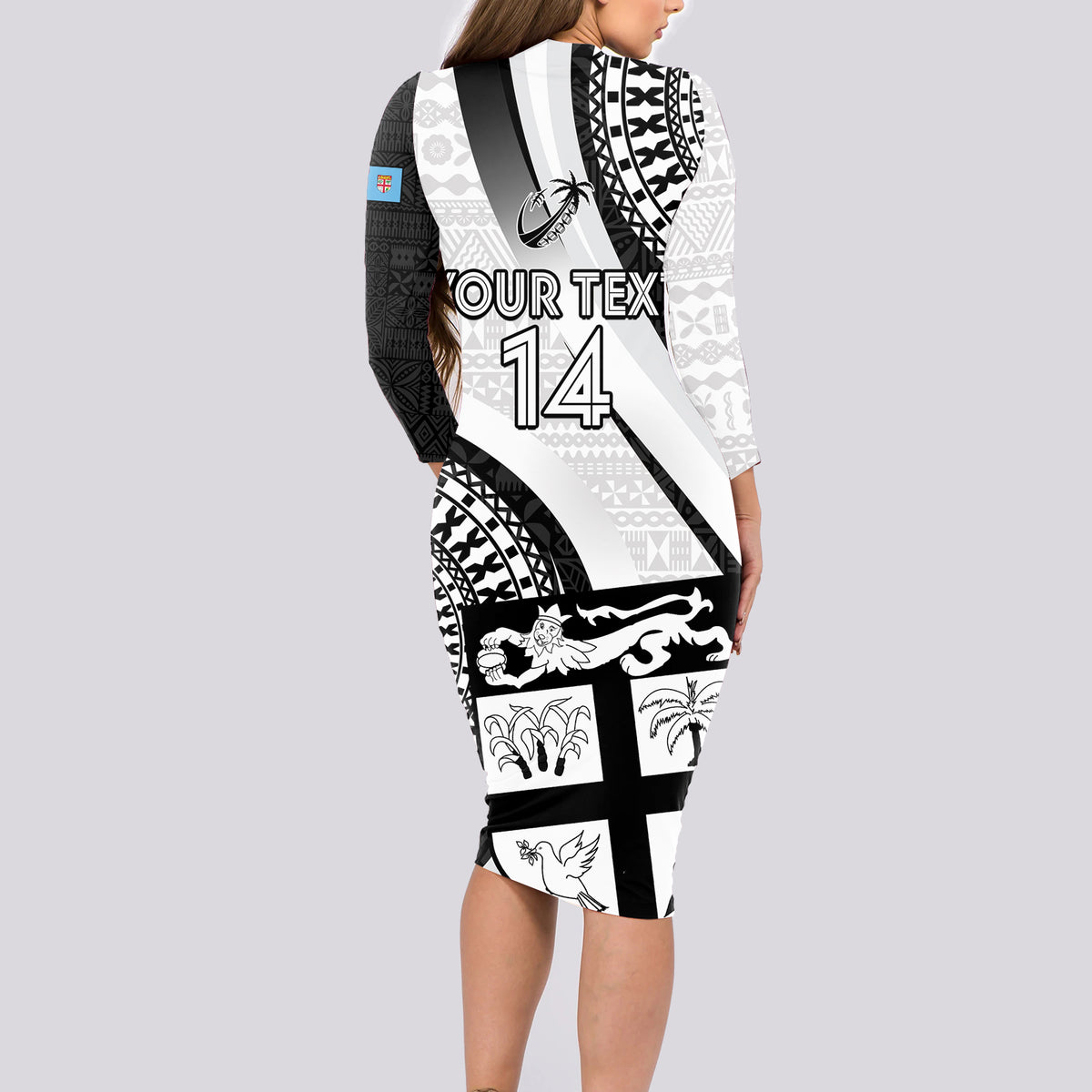 Custom Fiji Rugby Long Sleeve Bodycon Dress World Cup 2023 Go Champions Fijian Tapa Black Version - Wonder Print Shop