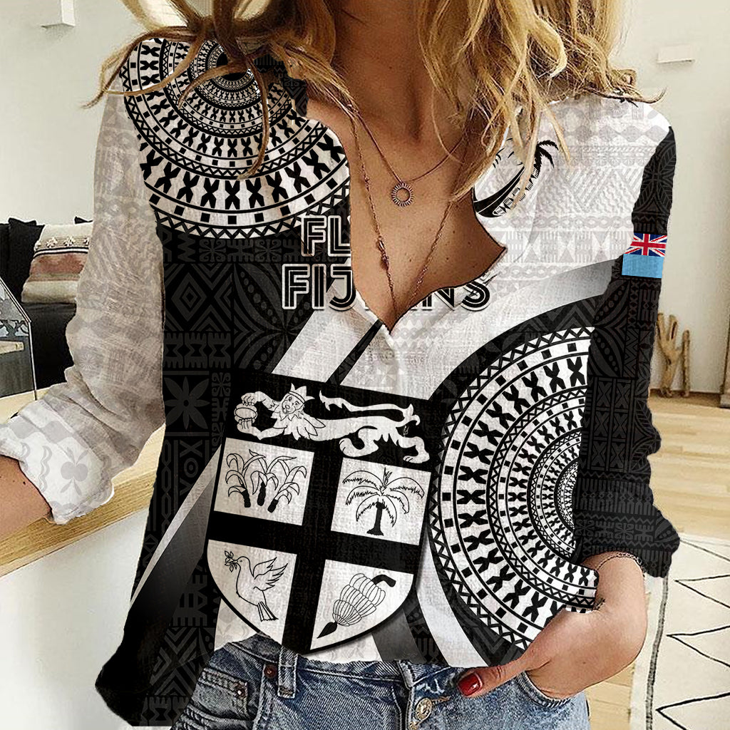 Custom Fiji Rugby Women Casual Shirt World Cup 2023 Go Champions Fijian Tapa Black Version - Wonder Print Shop