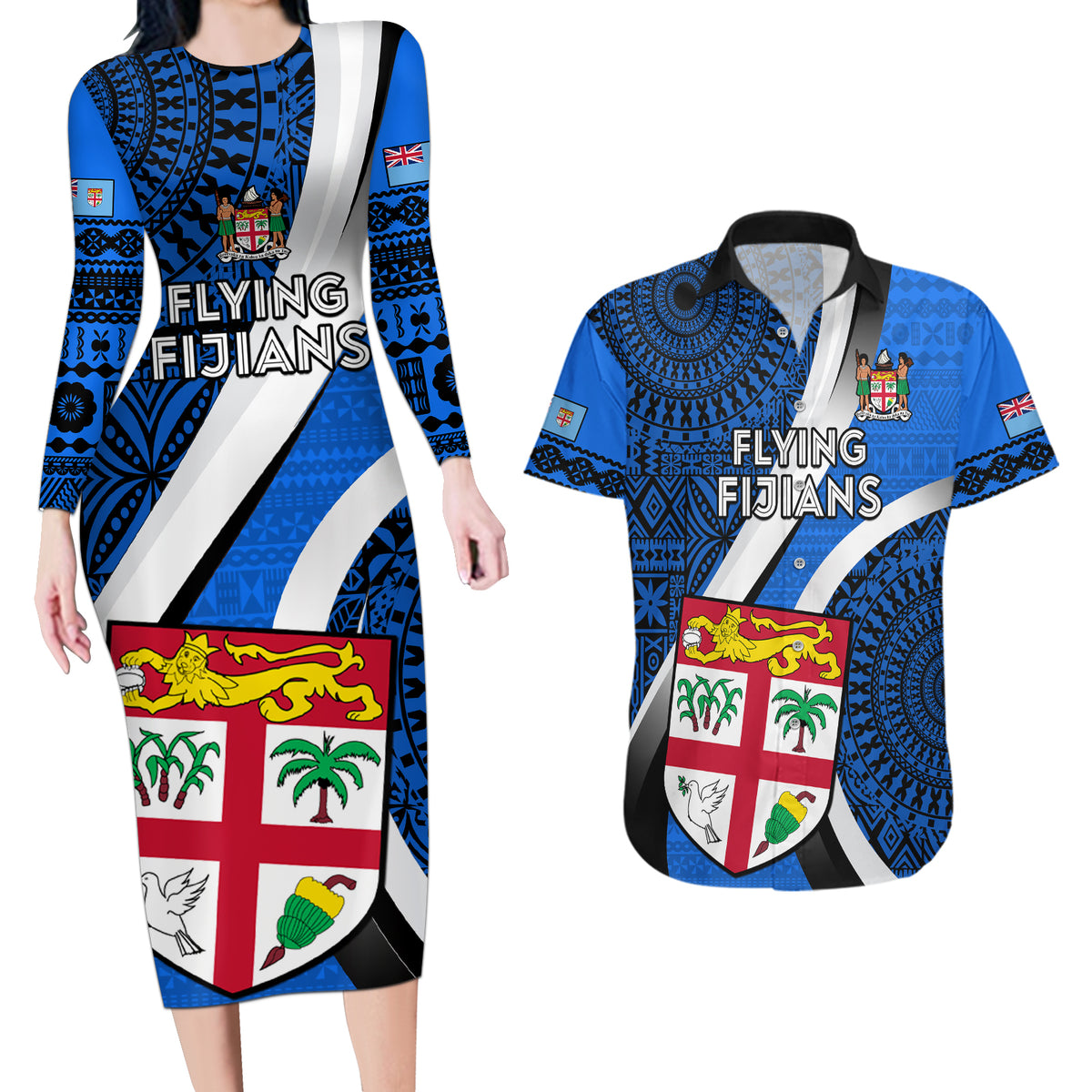 Fiji Rugby Couples Matching Long Sleeve Bodycon Dress and Hawaiian Shirt World Cup 2023 Go Champions Fijian Tapa Blue Version - Wonder Print Shop