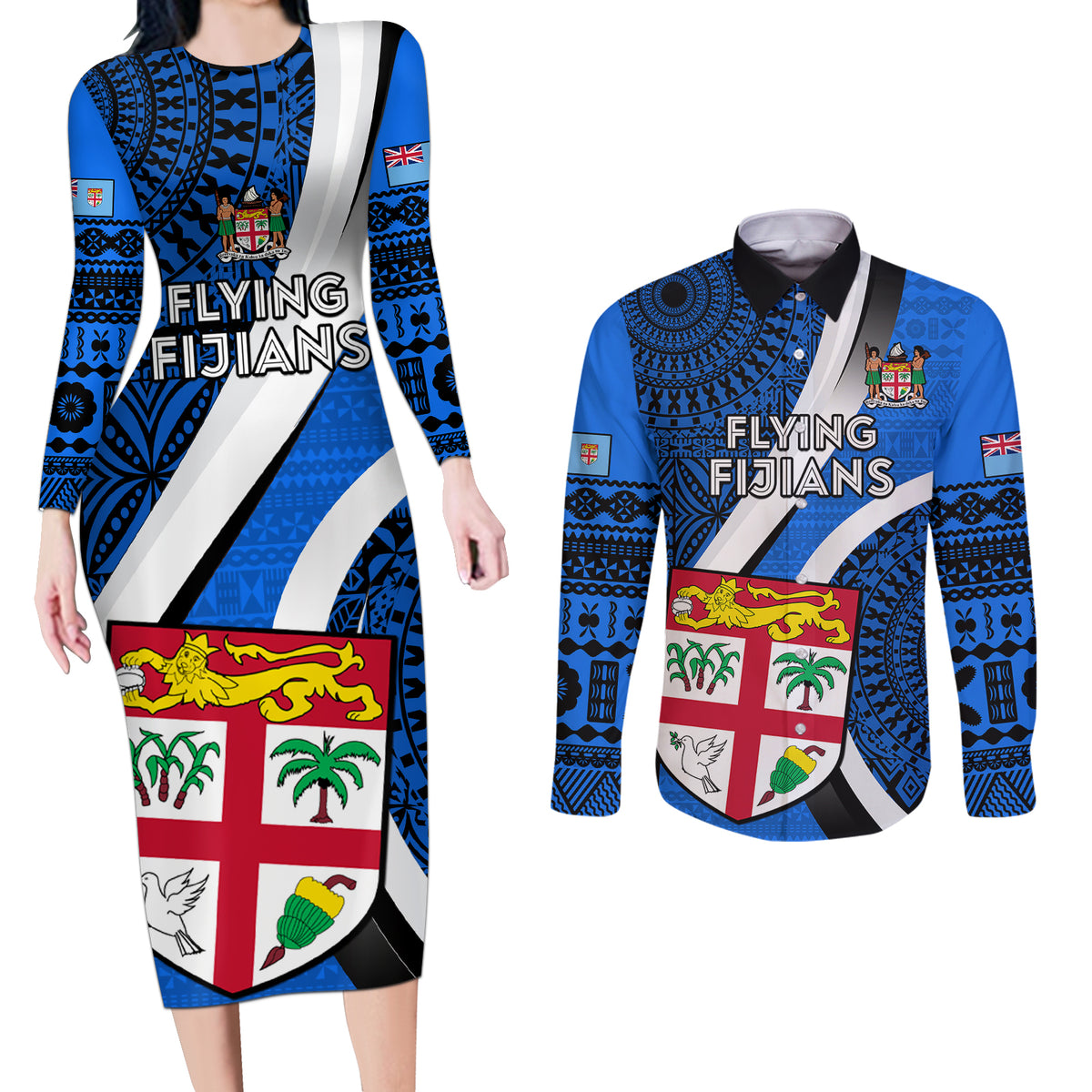 Fiji Rugby Couples Matching Long Sleeve Bodycon Dress and Long Sleeve Button Shirts World Cup 2023 Go Champions Fijian Tapa Blue Version - Wonder Print Shop