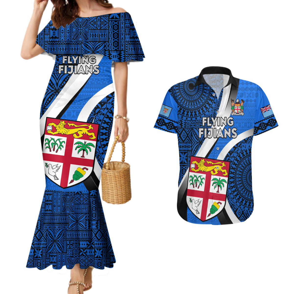 Fiji Rugby Couples Matching Mermaid Dress and Hawaiian Shirt World Cup 2023 Go Champions Fijian Tapa Blue Version - Wonder Print Shop