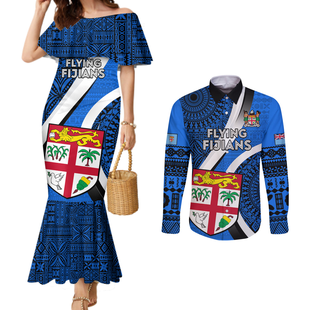 fiji-rugby-couples-matching-mermaid-dress-and-long-sleeve-button-shirts-world-cup-2023-go-champions-fijian-tapa-blue-version