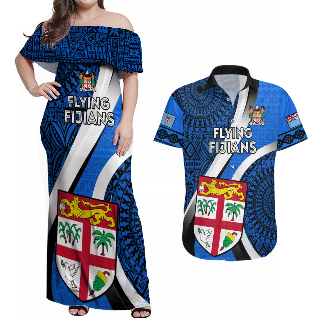 Fiji Rugby Couples Matching Off Shoulder Maxi Dress and Hawaiian Shirt World Cup 2023 Go Champions Fijian Tapa Blue Version - Wonder Print Shop