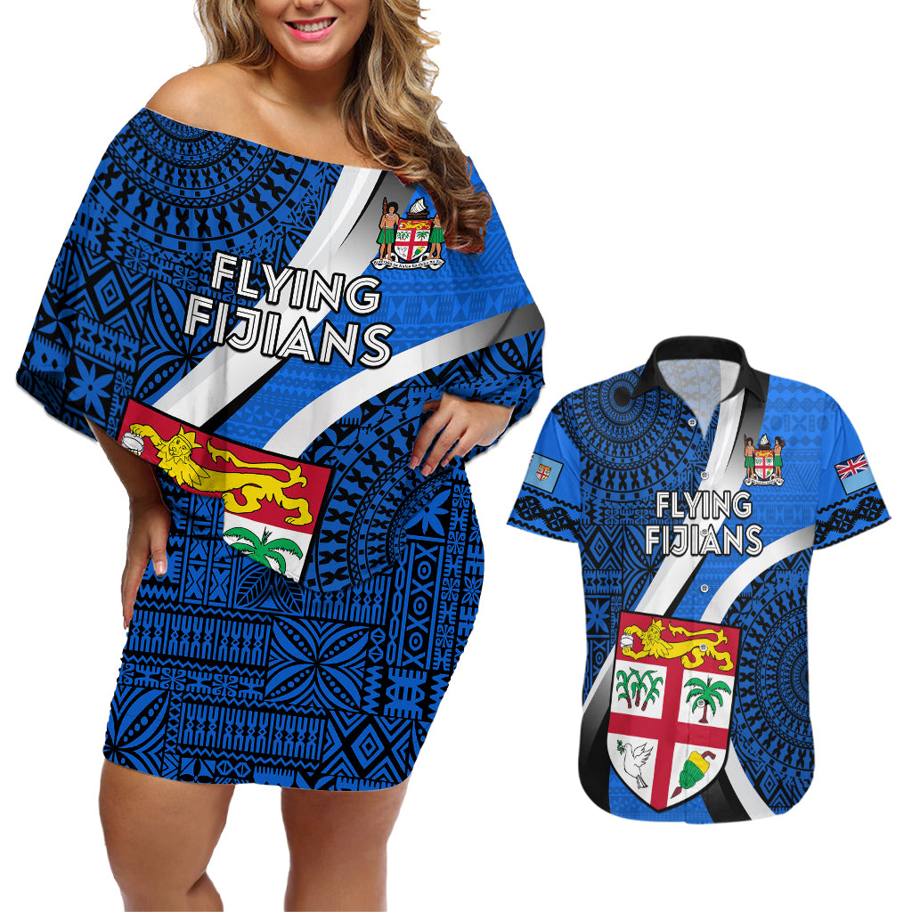 Fiji Rugby Couples Matching Off Shoulder Short Dress and Hawaiian Shirt World Cup 2023 Go Champions Fijian Tapa Blue Version - Wonder Print Shop