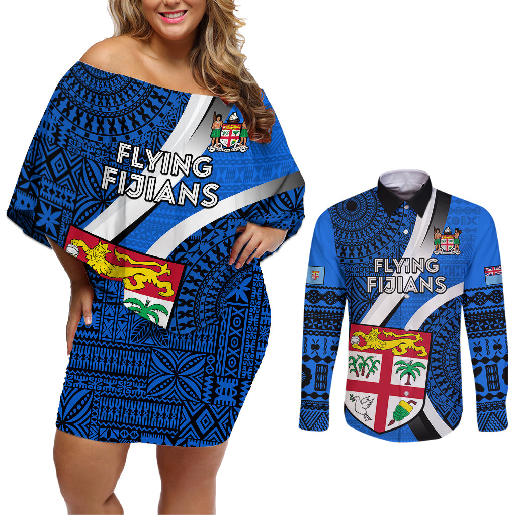 Fiji Rugby Couples Matching Off Shoulder Short Dress and Long Sleeve Button Shirts World Cup 2023 Go Champions Fijian Tapa Blue Version - Wonder Print Shop