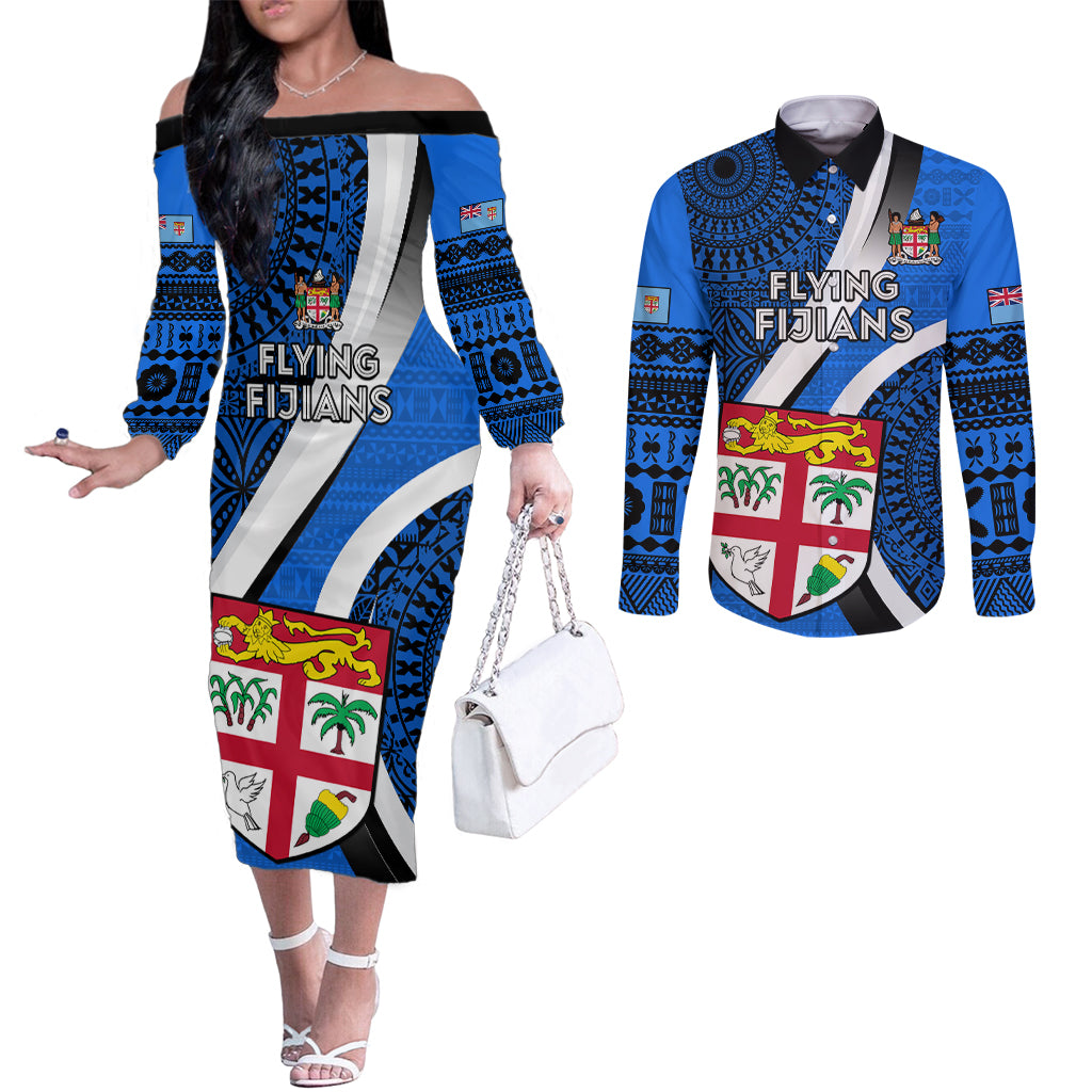 fiji-rugby-couples-matching-off-the-shoulder-long-sleeve-dress-and-long-sleeve-button-shirts-world-cup-2023-go-champions-fijian-tapa-blue-version