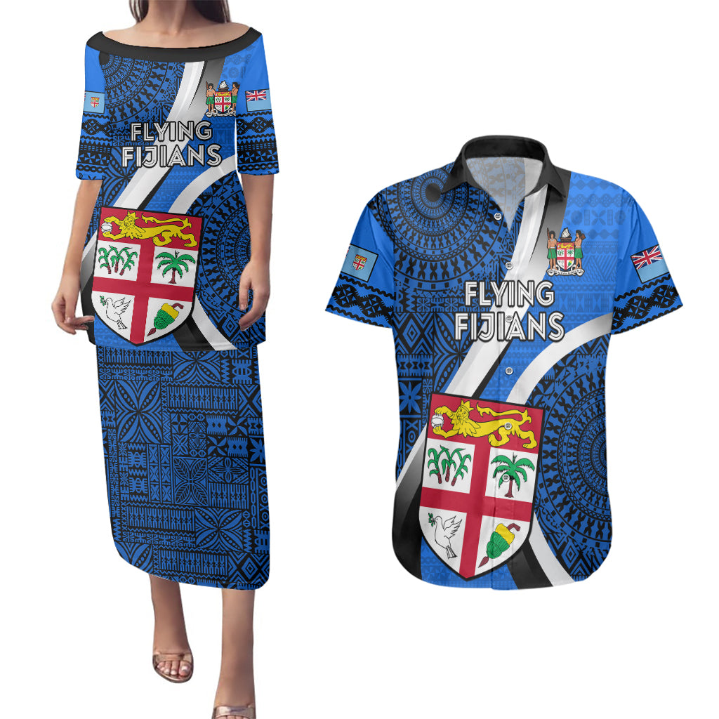 Fiji Rugby Couples Matching Puletasi Dress and Hawaiian Shirt World Cup 2023 Go Champions Fijian Tapa Blue Version - Wonder Print Shop
