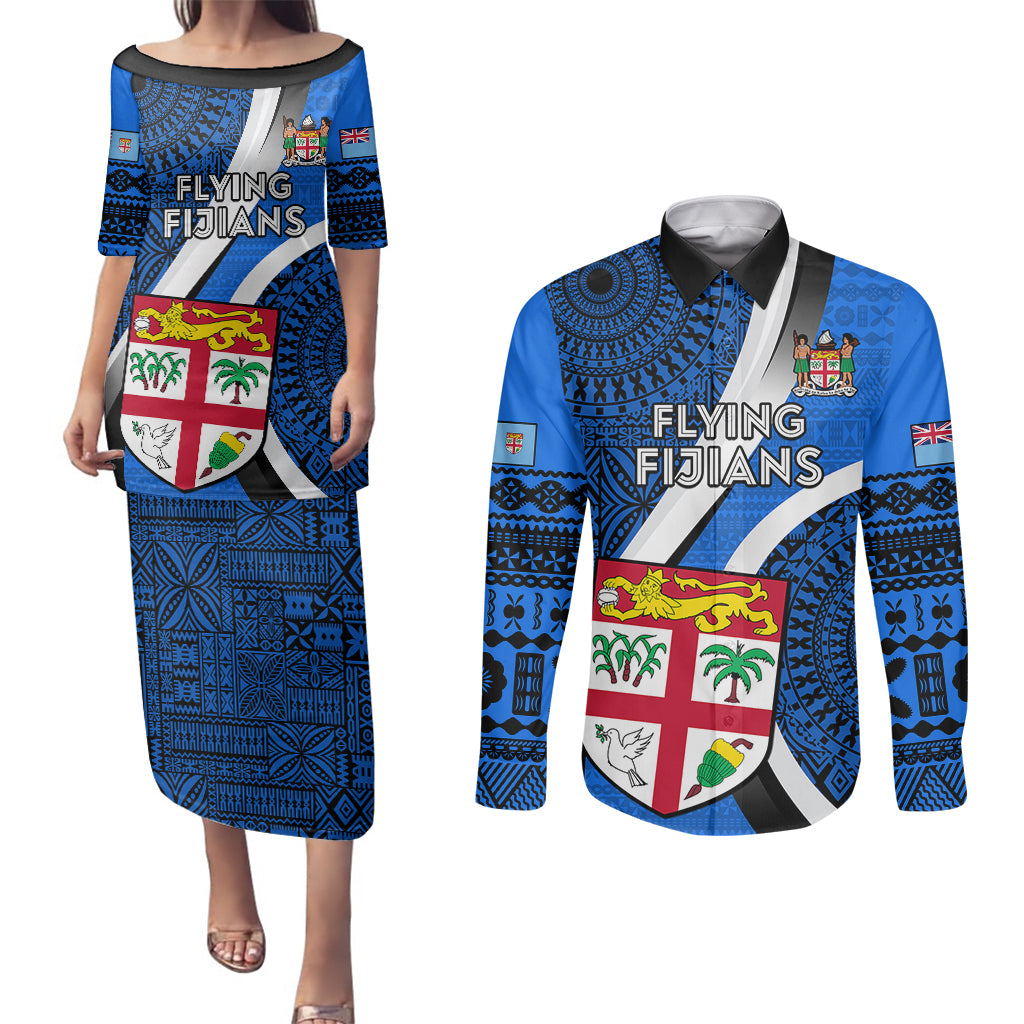 Fiji Rugby Couples Matching Puletasi Dress and Long Sleeve Button Shirts World Cup 2023 Go Champions Fijian Tapa Blue Version - Wonder Print Shop
