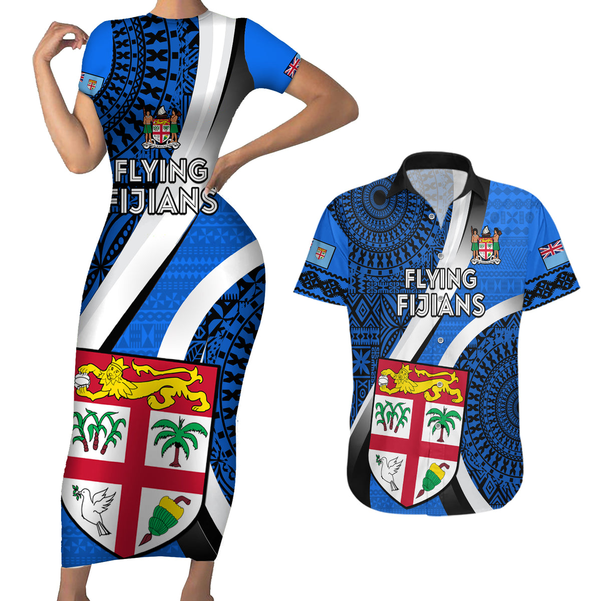 Fiji Rugby Couples Matching Short Sleeve Bodycon Dress and Hawaiian Shirt World Cup 2023 Go Champions Fijian Tapa Blue Version - Wonder Print Shop