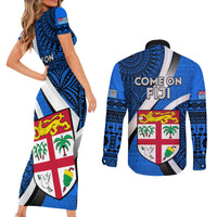 Fiji Rugby Couples Matching Short Sleeve Bodycon Dress and Long Sleeve Button Shirts World Cup 2023 Go Champions Fijian Tapa Blue Version - Wonder Print Shop