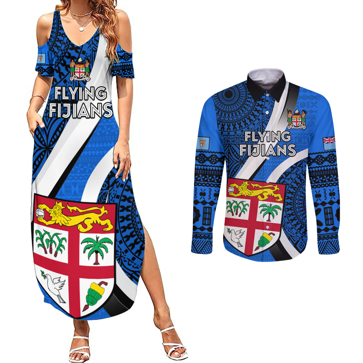 Fiji Rugby Couples Matching Summer Maxi Dress and Long Sleeve Button Shirts World Cup 2023 Go Champions Fijian Tapa Blue Version - Wonder Print Shop