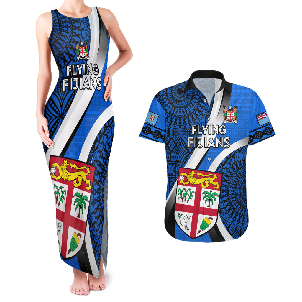 Fiji Rugby Couples Matching Tank Maxi Dress and Hawaiian Shirt World Cup 2023 Go Champions Fijian Tapa Blue Version - Wonder Print Shop