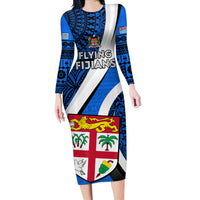 Fiji Rugby Long Sleeve Bodycon Dress World Cup 2023 Go Champions Fijian Tapa Blue Version - Wonder Print Shop
