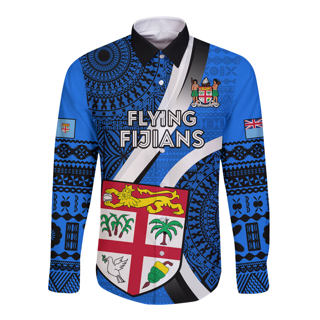 Fiji Rugby Long Sleeve Button Shirt World Cup 2023 Go Champions Fijian Tapa Blue Version - Wonder Print Shop