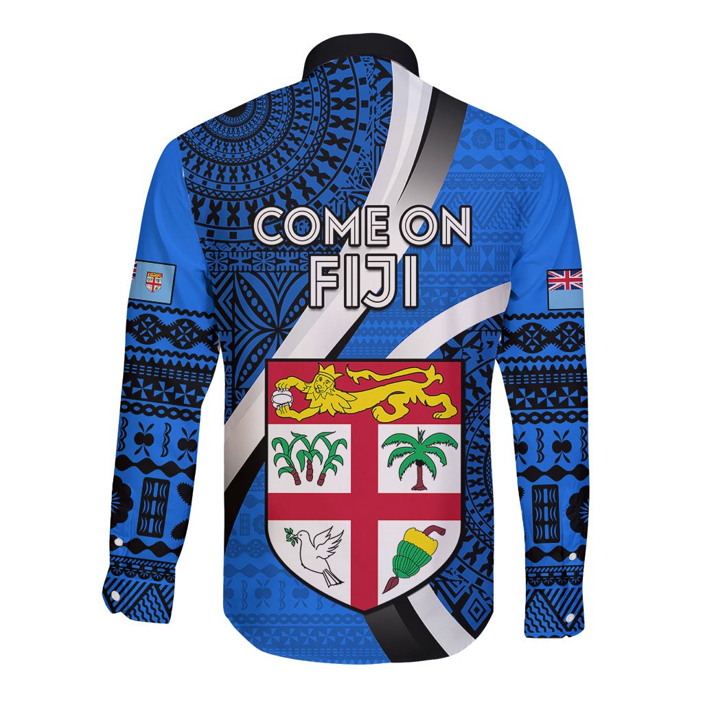 Fiji Rugby Long Sleeve Button Shirt World Cup 2023 Go Champions Fijian Tapa Blue Version - Wonder Print Shop