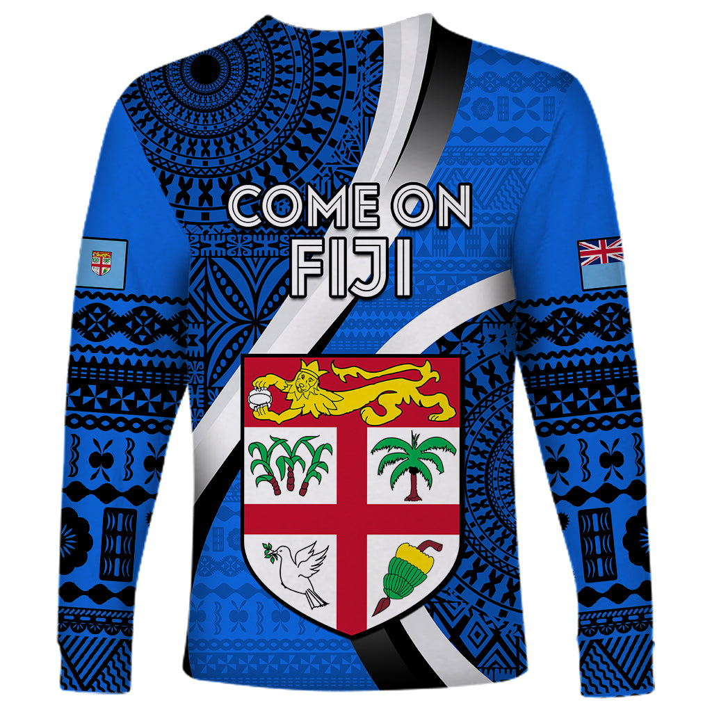 Fiji Rugby Long Sleeve Shirt World Cup 2023 Go Champions Fijian Tapa Blue Version - Wonder Print Shop