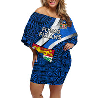Fiji Rugby Off Shoulder Short Dress World Cup 2023 Go Champions Fijian Tapa Blue Version - Wonder Print Shop