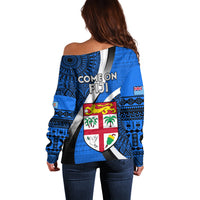 Fiji Rugby Off Shoulder Sweater World Cup 2023 Go Champions Fijian Tapa Blue Version - Wonder Print Shop