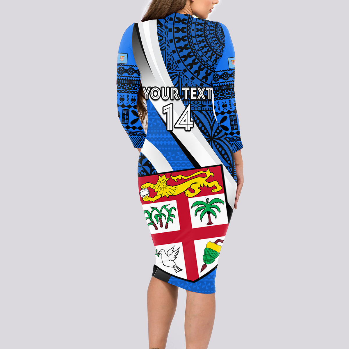 Custom Fiji Rugby Long Sleeve Bodycon Dress World Cup 2023 Go Champions Fijian Tapa Blue Version - Wonder Print Shop