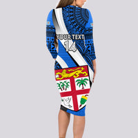 Custom Fiji Rugby Long Sleeve Bodycon Dress World Cup 2023 Go Champions Fijian Tapa Blue Version - Wonder Print Shop