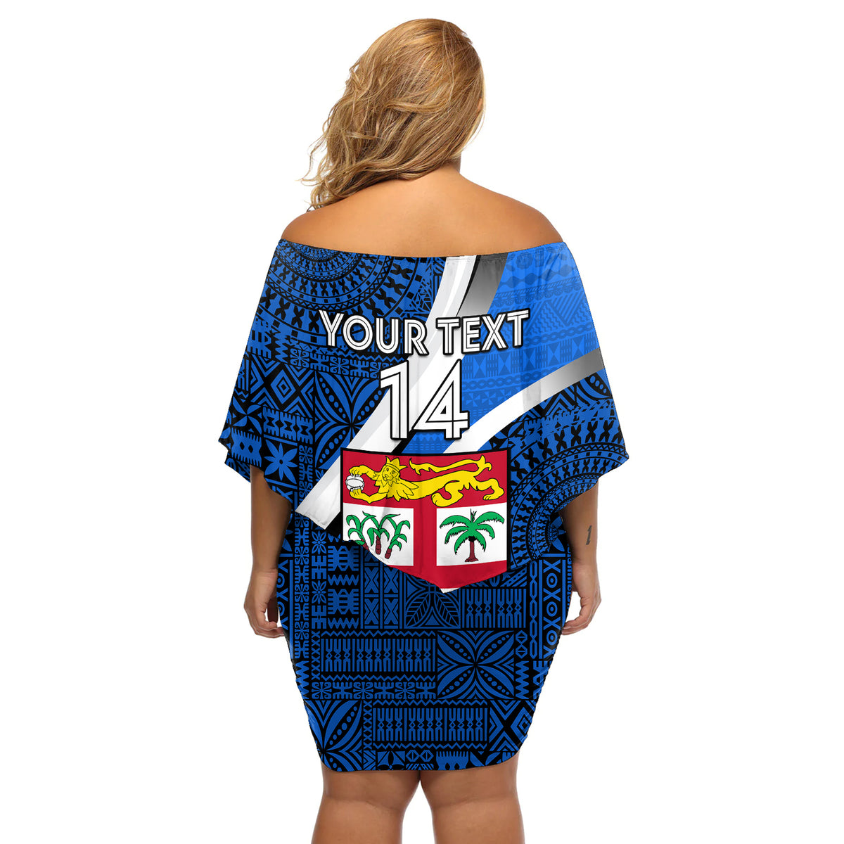 Custom Fiji Rugby Off Shoulder Short Dress World Cup 2023 Go Champions Fijian Tapa Blue Version - Wonder Print Shop