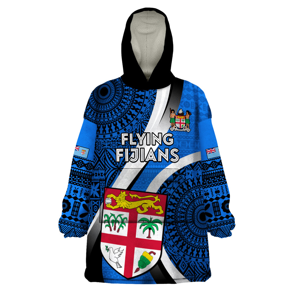 Custom Fiji Rugby Wearable Blanket Hoodie World Cup 2023 Go Champions Fijian Tapa Blue Version - Wonder Print Shop