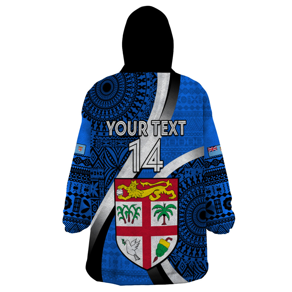 Custom Fiji Rugby Wearable Blanket Hoodie World Cup 2023 Go Champions Fijian Tapa Blue Version - Wonder Print Shop