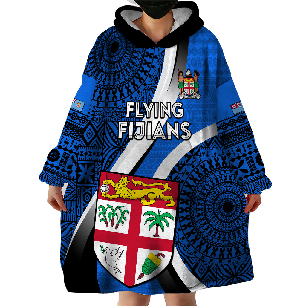 Custom Fiji Rugby Wearable Blanket Hoodie World Cup 2023 Go Champions Fijian Tapa Blue Version - Wonder Print Shop