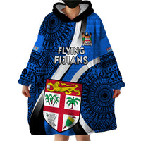 Custom Fiji Rugby Wearable Blanket Hoodie World Cup 2023 Go Champions Fijian Tapa Blue Version - Wonder Print Shop