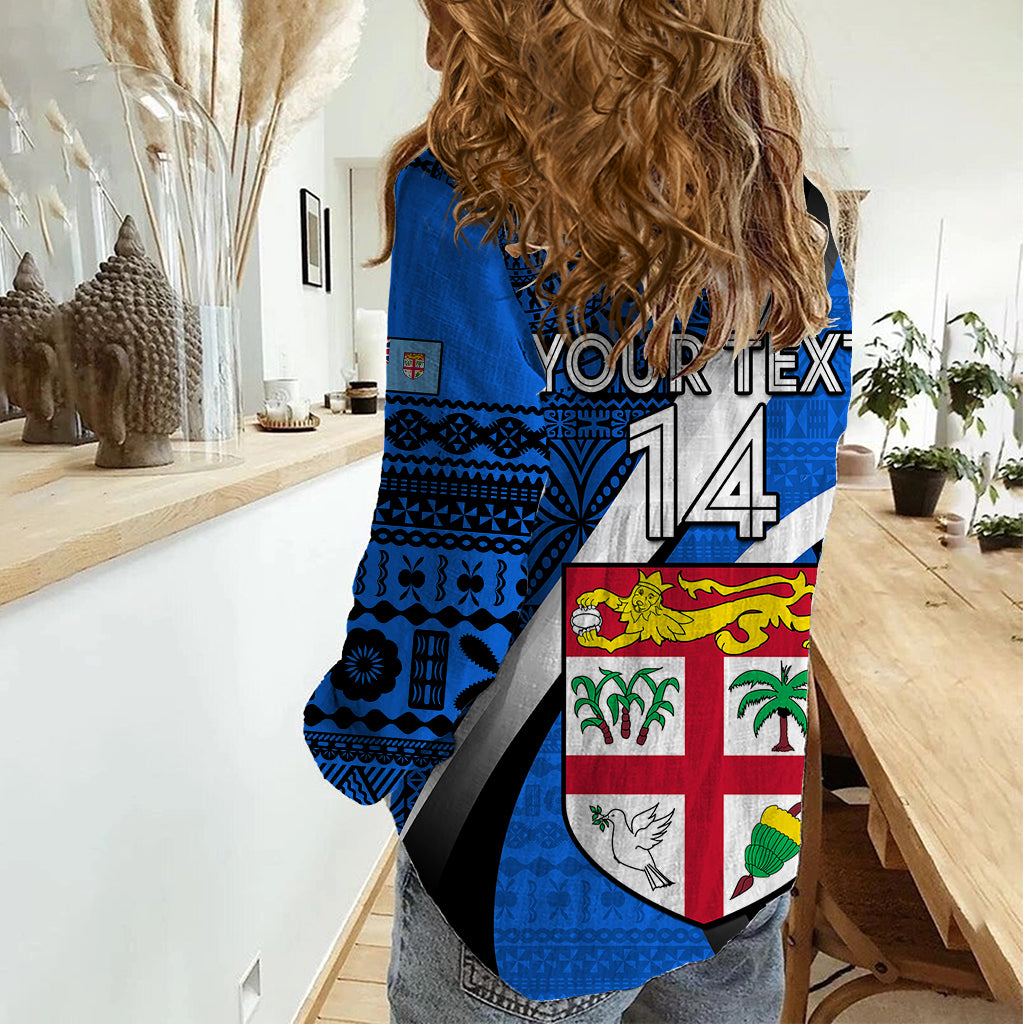 Custom Fiji Rugby Women Casual Shirt World Cup 2023 Go Champions Fijian Tapa Blue Version - Wonder Print Shop