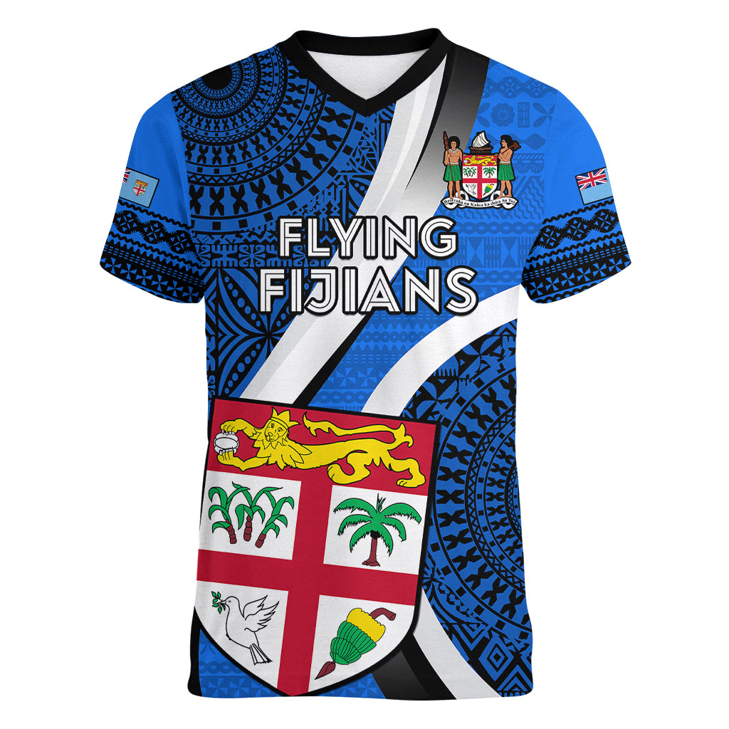 Custom Fiji Rugby Women V Neck T Shirt World Cup 2023 Go Champions Fijian Tapa Blue Version - Wonder Print Shop