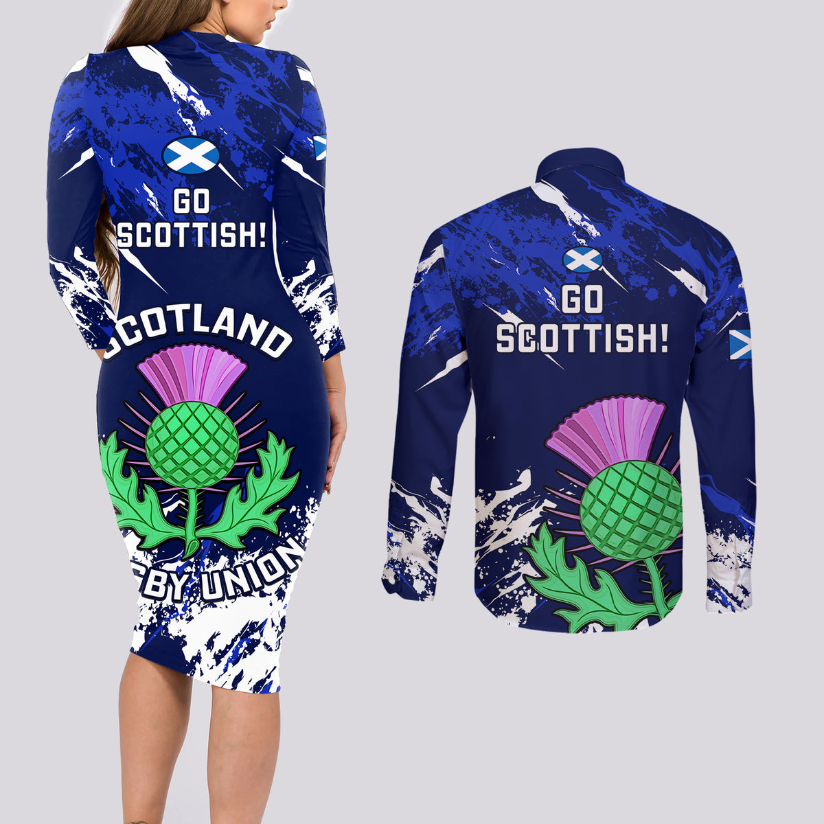 Scotland Rugby Couples Matching Long Sleeve Bodycon Dress and Long Sleeve Button Shirts World Cup 2023 Go Scottish Thistle Grunge Style - Wonder Print Shop