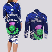 Scotland Rugby Couples Matching Long Sleeve Bodycon Dress and Long Sleeve Button Shirts World Cup 2023 Go Scottish Thistle Grunge Style - Wonder Print Shop