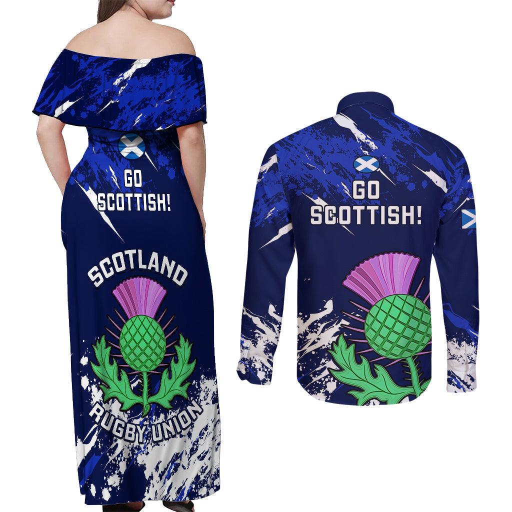 Scotland Rugby Couples Matching Off Shoulder Maxi Dress and Long Sleeve Button Shirts World Cup 2023 Go Scottish Thistle Grunge Style - Wonder Print Shop