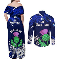 Scotland Rugby Couples Matching Off Shoulder Maxi Dress and Long Sleeve Button Shirts World Cup 2023 Go Scottish Thistle Grunge Style - Wonder Print Shop