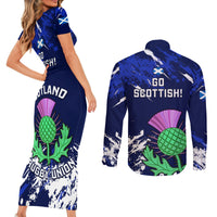 Scotland Rugby Couples Matching Short Sleeve Bodycon Dress and Long Sleeve Button Shirts World Cup 2023 Go Scottish Thistle Grunge Style - Wonder Print Shop