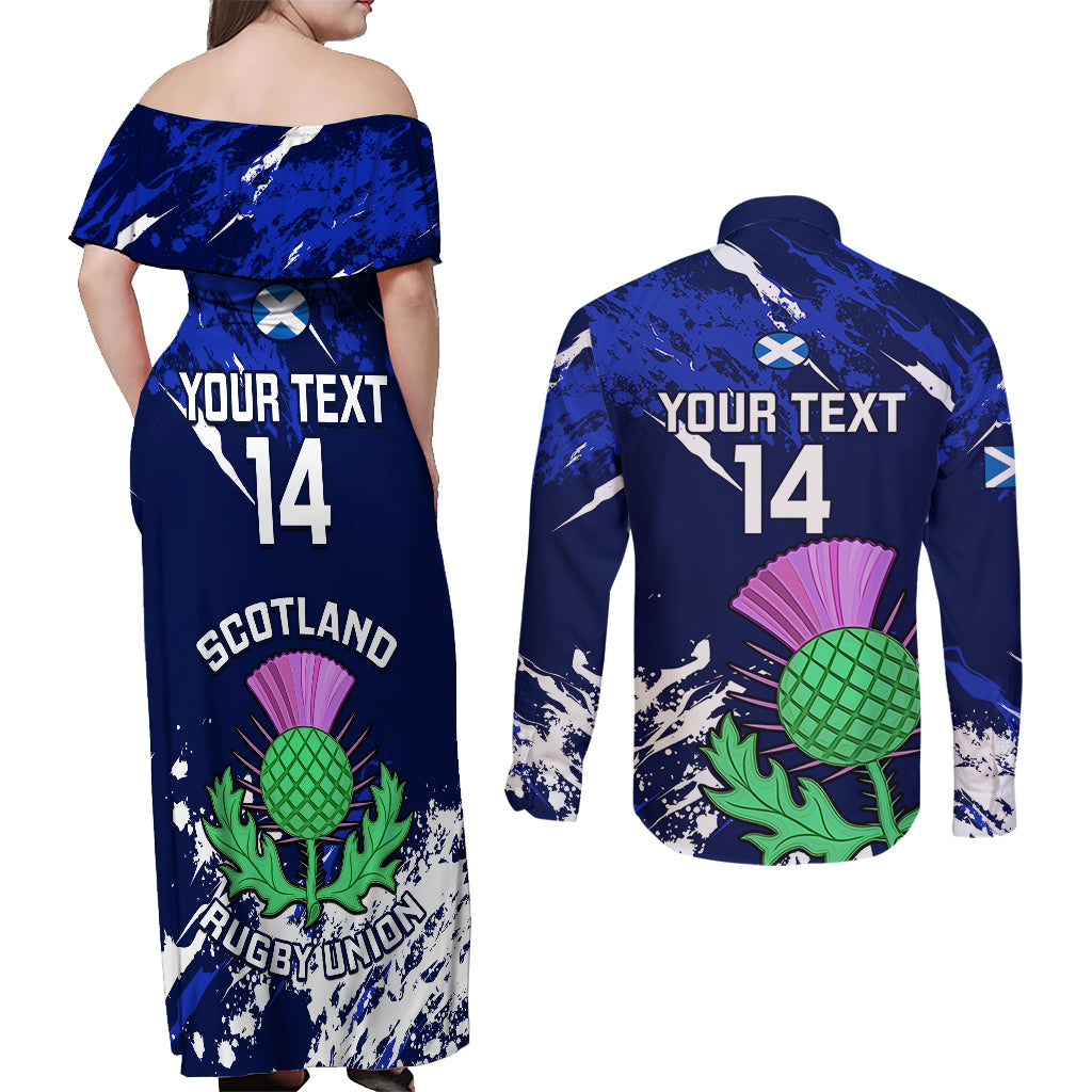 Custom Scotland Rugby Couples Matching Off Shoulder Maxi Dress and Long Sleeve Button Shirts World Cup 2023 Go Scottish Thistle Grunge Style - Wonder Print Shop