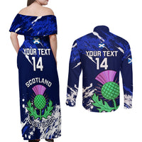 Custom Scotland Rugby Couples Matching Off Shoulder Maxi Dress and Long Sleeve Button Shirts World Cup 2023 Go Scottish Thistle Grunge Style - Wonder Print Shop