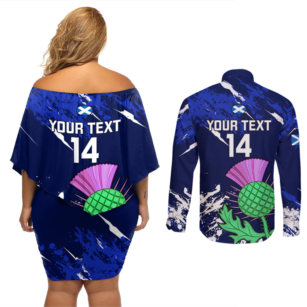 Custom Scotland Rugby Couples Matching Off Shoulder Short Dress and Long Sleeve Button Shirts World Cup 2023 Go Scottish Thistle Grunge Style - Wonder Print Shop