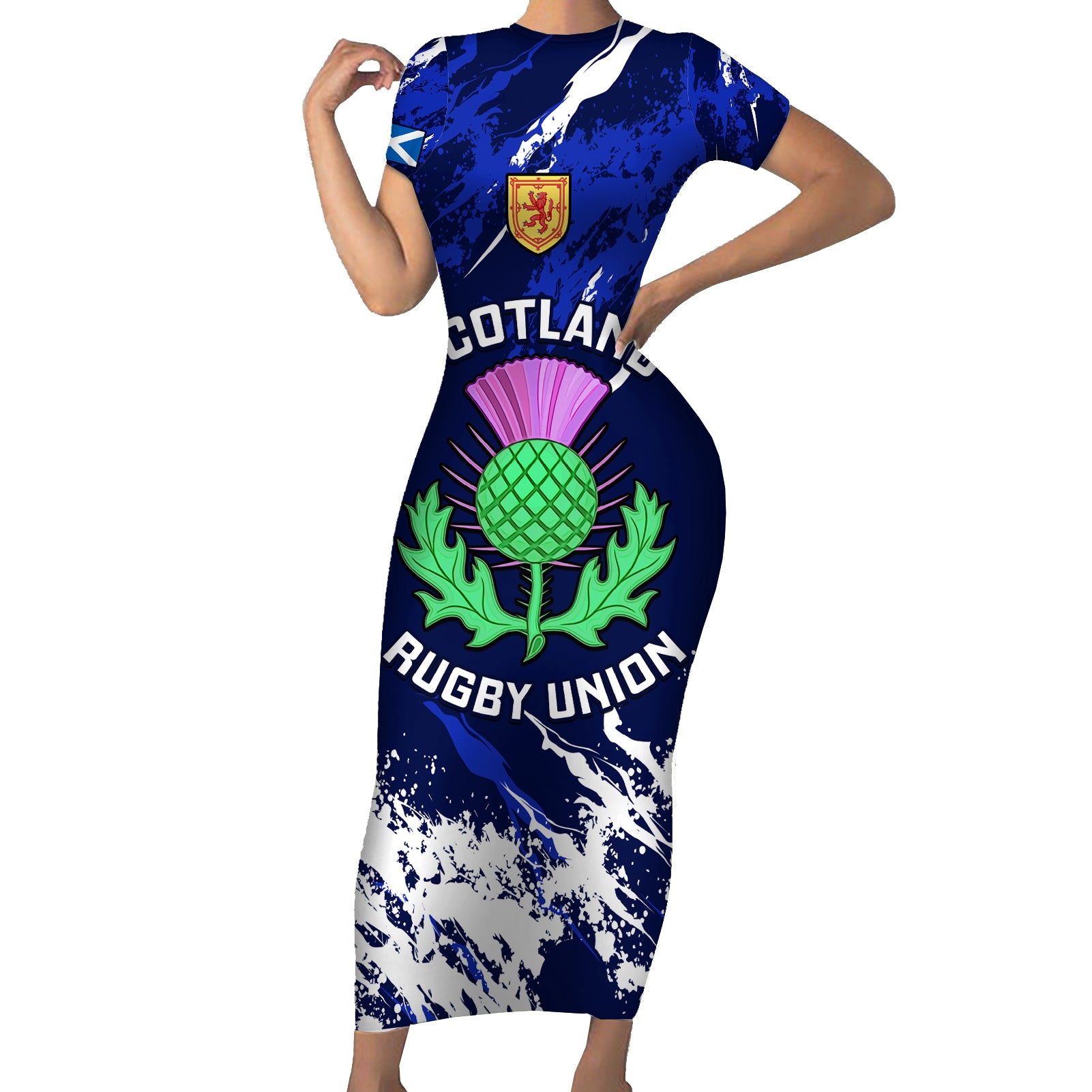 Custom Scotland Rugby Short Sleeve Bodycon Dress World Cup 2023 Go Scottish Thistle Grunge Style - Wonder Print Shop
