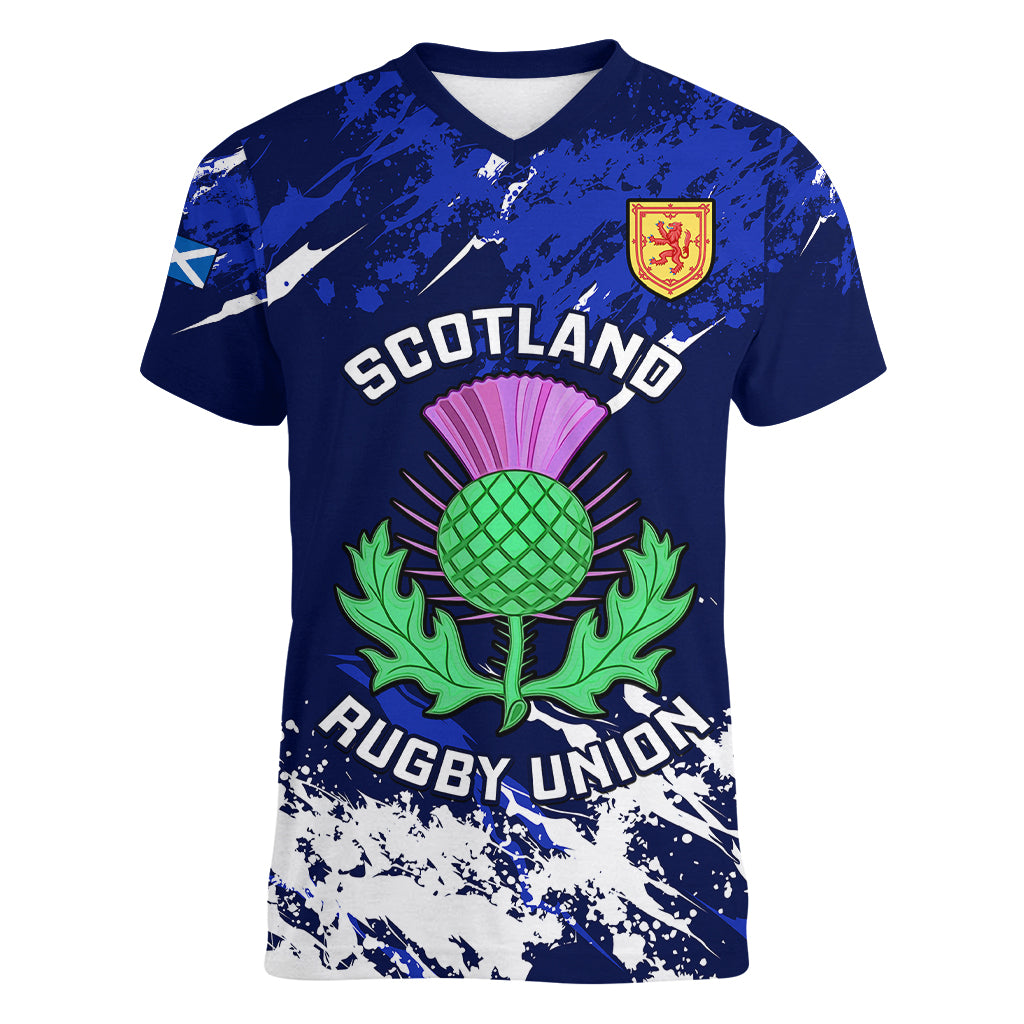 Custom Scotland Rugby Women V Neck T Shirt World Cup 2023 Go Scottish Thistle Grunge Style - Wonder Print Shop