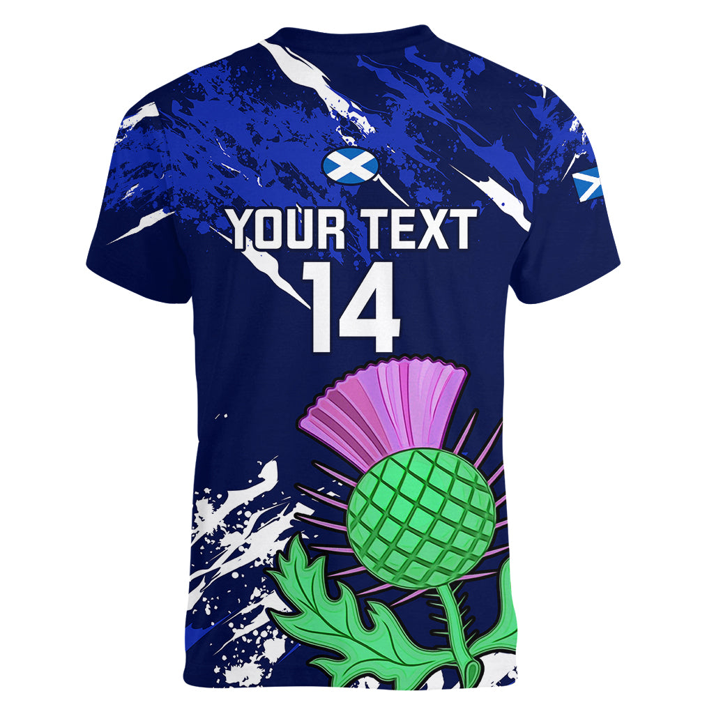 Custom Scotland Rugby Women V Neck T Shirt World Cup 2023 Go Scottish Thistle Grunge Style - Wonder Print Shop