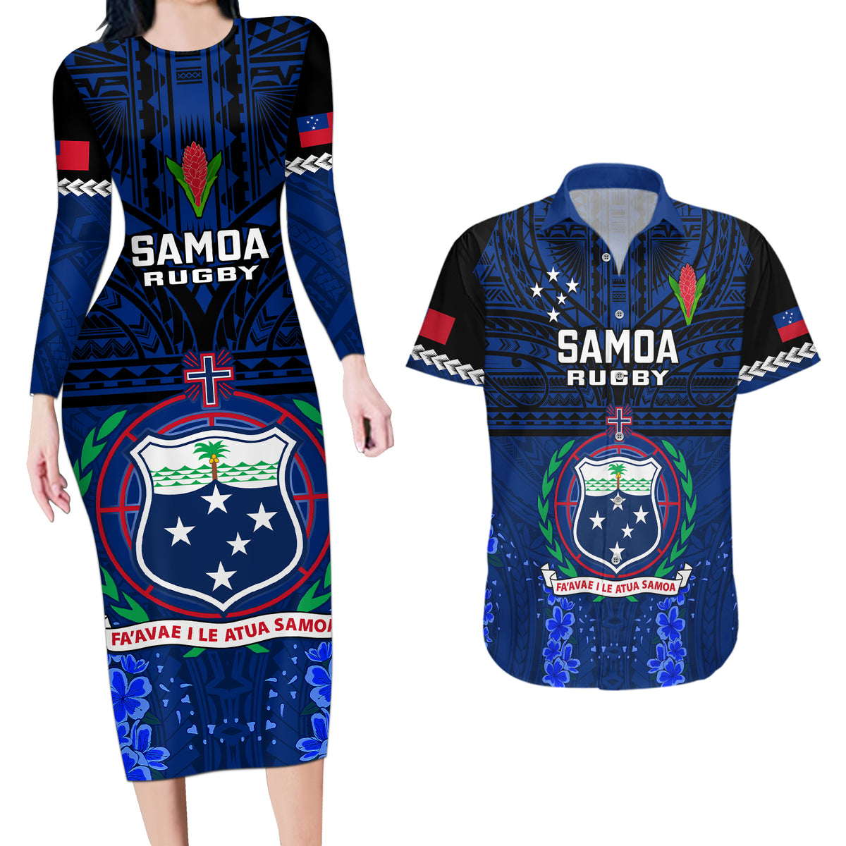 Custom Samoa Rugby Couples Matching Long Sleeve Bodycon Dress and Hawaiian Shirt World Cup 2023 Go Champions Manu Samoa - Wonder Print Shop