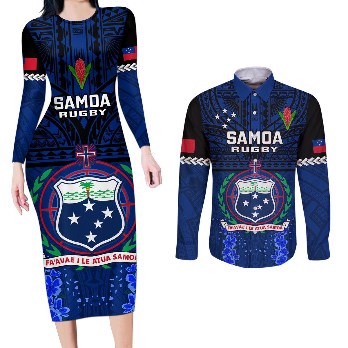 Custom Samoa Rugby Couples Matching Long Sleeve Bodycon Dress and Long Sleeve Button Shirts World Cup 2023 Go Champions Manu Samoa - Wonder Print Shop