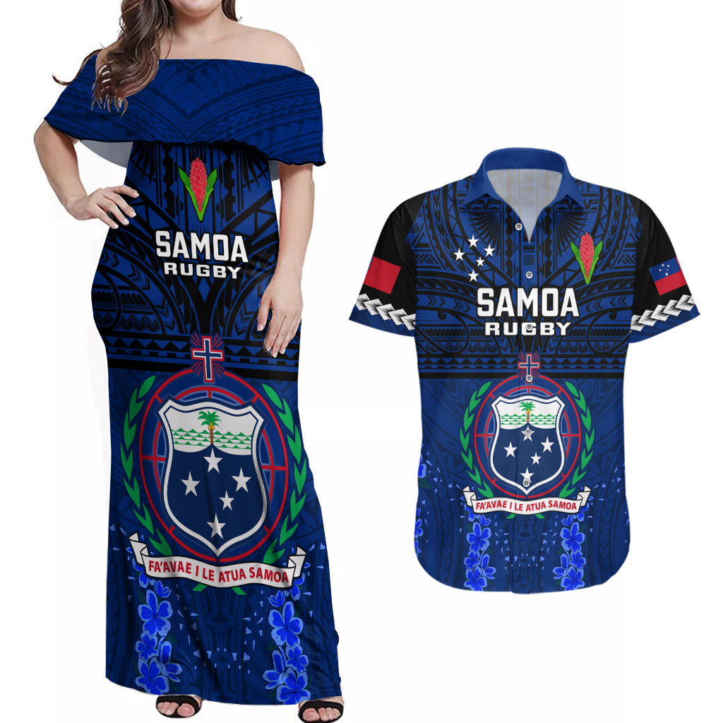 Custom Samoa Rugby Couples Matching Off Shoulder Maxi Dress and Hawaiian Shirt World Cup 2023 Go Champions Manu Samoa - Wonder Print Shop