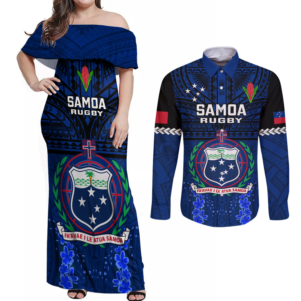 Custom Samoa Rugby Couples Matching Off Shoulder Maxi Dress and Long Sleeve Button Shirts World Cup 2023 Go Champions Manu Samoa - Wonder Print Shop