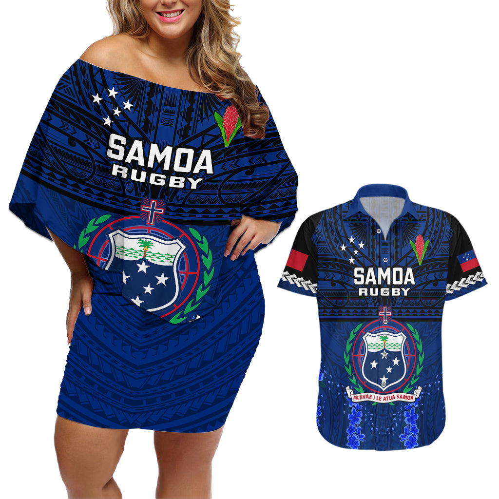 Custom Samoa Rugby Couples Matching Off Shoulder Short Dress and Hawaiian Shirt World Cup 2023 Go Champions Manu Samoa - Wonder Print Shop